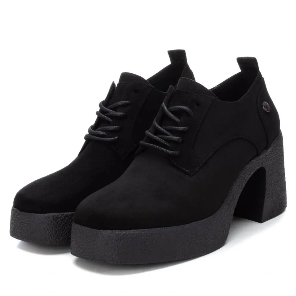 XTI Women’s Black Vegan Suede Chunky Heel Platform Lace up Oxfords Size 39 NWT